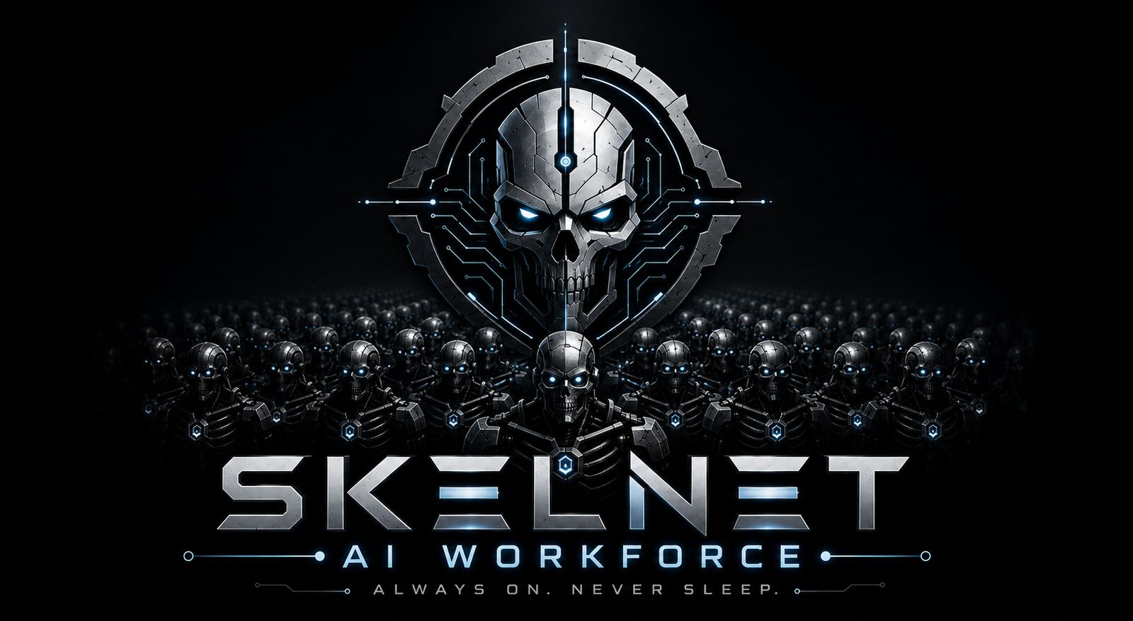 Skelnet AI Workforce: a command core leading a team of AI employees